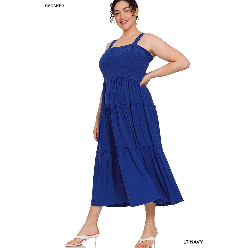 1X Zenana Smocked Tiered Midi Dress Lt Navy Blue Plus sized comfort brand new